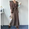 Moda Femenina Estilo Coreano Ins Elegante Conjunto de Cuello en V con Falda de Punto Bodycon de Manga Larga A-Line Suave y de Alta Calidad
