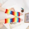 Mangas Aquecedoras de Outono e Inverno Arco-Íris com Listras, Estilo Doce e Descolado para Meninas, Estudantes, Aquecedores de Braço de Tricô Meio Dedo