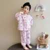 Pijama de Gato con Estampado de Dibujos Animados para Niñas Algodón Hilo Doble Cardigan de Manga Larga Conjunto de Ropa para el Hogar Bebé Nuevo Estilo Primavera y Otoño