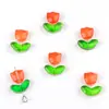 Flores de Tulipa de Vidro com Gradiente Transparente e Folhas Verdes Contas DIY Pulseira Brincos Pingente Acessórios Pequenos Versáteis