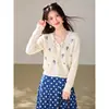 Cardigã de tricô estilo rústico para mulheres, suéter floral bordado para o início do outono, top casual estiloso