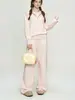 Conjunto casual de punto de color liso para mujer, nueva colección otoño/invierno 2026, con un suéter de media cremallera y pantalones de pierna ancha de cintura alta, un conjunto de dos piezas