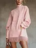 2026 Europa Cruz Nova Gola Alta Veludo Coreano Franja Vestido Feminino Solto Manga Longa Cor Sólida Retrô Vestido Moletom