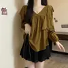 Camisa Elegante de Nueva Colección Primavera y Otoño 2026 con Cuello en V Fruncido, Pliegues y Mangas Abullonadas, Holgada, Talla Grande para Mujer