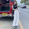 Jeans Feminino de Verão 2026 Novo Tendência Jacquard de Diamante Branco Cintura Alta Solto Modelador Reta Perna Larga
