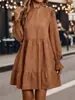 Estilo Retro Suave Amazon Cross-Border Europeu e Americano Outono Novo Vestido Feminino de Veludo Cotelê Manga Longa Gola Redonda