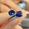 Anillo Vintage Francés Estilo Mediados de Siglo Doble Piedra Corindón Rojo Ins Doble Fila Completo Diamante Imitación Alto Carbono Espinela Azul Anillo para Mujer