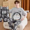 Pijama masculino estiloso e bonito de manga curta 100% algodão, conjunto fino de gola redonda, roupa de casa casual de corte solto, novo modelo de verão 2026