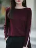 Suéter de punto cruzado con bloques de color estilo francés, sin hombros, para mujer, nuevo otoño/invierno 2025, capa base cálida, suéter burdeos