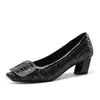 Zapatos de Mujer de Piel Genuina con Hebilla Cuadrada y Escote Bajo, Tacón Grueso, Punta Cuadrada, Slip-On Negros de Tacón Alto, Nuevos para Primavera y Otoño de 2026 para RV