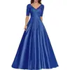 Vestido de Noche Formal Europeo y Americano Comercio Exterior Vestido Largo Formal de Noche Aplique de Encaje Vestido de Graduación Manga Corta Vestido para Madrina de Boda Mujer