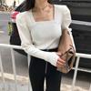 Suéter de cuello cuadrado pequeño estilo coreano con mangas abullonadas para usar debajo, suéter interior de manga larga ajustado y adelgazante estilo coreano a la moda para mujer
