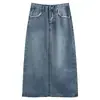 Saia Jeans Feminina com Bolso Barra Desfiada 2025 Nova Média Comprimento Estilo Coreano Cintura Alta Efeito Emagrecedor Fenda nas Costas Saia Evasê