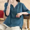 Camisa de Lino y Algodón de Color Sólido con Cuello en V Pulóver Literario de Gama Alta para Mujer Top Holgado Versátil Camisa Corta Pequeña