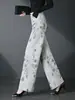 3121 Primavera Outono Jeans de Sarja Calças Jacquard Estilo Chinês Calças de Perna Larga Femininas Novo Estilo Calças de Perna Reta Tencel Calças Longas Largas