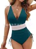 Aliexpress Amazon Popular Transfronterizo Europeo y Americano Multicolores Cuello en V Cubre Piel Tiras Plisadas Aspecto Adelgazante Traje de Baño de Una Pieza para Mujer