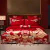 Juego de Cuatro Piezas de Boda de Lujo Estilo Chino Dragón y Fénix, Ropa de Cama Bordada de Algodón Puro para Boda, Colcha Roja de Dote, Ropa de Cama para Habitación de Boda
