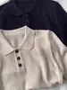 Camisa Polo de Ombro Reto Estilo Retro Japonês Camiseta de Manga Curta para Mulheres, Top de Malha de Seda Gelada Casual Versátil Solto de Verão com Gola Lapela