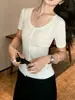 Camiseta Branca Redonda Vazada de Manga Curta, Solta e Casual, para Mulheres, Verão, Malha Fina Slim, Cardigan Top