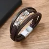 Pulseira Masculina de Couro Tecida à Mão Multicamadas Liga de Zinco Fivela Novo Estilo Retro Cruzada Europeia e Americana Venda por Atacado