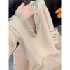Estilo Lujo Ligero Punto Resistente con Incrustaciones de Diamantes Cuello en V Manga Larga Para Mujer Principios de Otoño 2025 Nuevo Moda Elegante Efecto Adelgazante Top