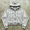 Sudadera con bordado de parche personalizado desgastada, sudadera con cremallera de borde crudo pintada a mano, sudadera con capucha para hombre estilo high street americano