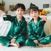 Comércio Exterior Pijama Infantil Imitação de Seda de Gelo para Meninos e Meninas Primavera e Outono Calça de Manga Curta Cardigã de Cor Sólida Gola Lapela Cetim Roupas de Casa
