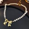 Corea del Sur Vintage Perla Diamante Borla Cadena de Cuello Celebridad Cibernética Sentido del Diseño Elegante Flor Lazo Cadena Clavicular Collar para Mujer