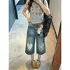 Carpa maré em estoque jeans estampa de laço retrô calça de sete pontos feminina verão cintura alta perna reta solta perna larga calça de comprimento médio