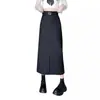 Falda de Traje Gris para Mujer Primavera y Otoño de Longitud Media Casual Cintura Alta Ajustada Drapada Abertura Línea A Ceñida a la Cadera Falda Larga
