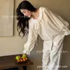 Pijama de Algodón Puro de Manga Larga con Cuello Redondo y Flores Pequeñas para Mujer, Estilo Nuevo, Dibujos Animados, Sencillo y Cómodo, Conjunto de Ropa para el Hogar para Mujer