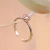 Anillo de cobre simple elegante rosa encantador con incrustaciones de circonita para mujer, lindo, versátil, boca abierta, plata, oro rosa, anillo ajustable