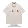 Camisa de Manga Curta Cartoon com Bordado de Gato Retro Americano para Homens, Marca Tendência de Verão, Estilo College, Top Versátil Casual Artístico