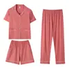Pijama de algodón viscosa para mujer ayer verano cárdigan de manga corta pantalones ropa exterior casual delgada conjunto de tres piezas RC