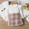 Ropa Infantil Europea y Americana Traje de Otoño e Invierno para Niña Color Sólido Canalé Manga Volante Top de Manga Larga Falda Corta a Cuadros Irregular Traje