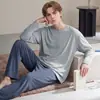 Pijama masculino de primavera e outono, algodão puro, manga longa e calça comprida, novo suéter de gola redonda, conjunto de loungewear de cor sólida em algodão puro, estilo masculino moderno
