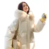 Jaqueta de plumas estilo coreano feminina comprimento médio gola grande de pelo college lady nova de inverno espessa solta casaco de inverno jaqueta de algodão