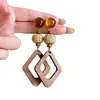 Nuevos Pendientes de Rombos de Madera Estilo Chino Viento Chino Clips para Orejas para Mujer Pendientes Estilo Étnico Retro Temperamento Colgantes de Oreja Nuevos
