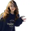 Sudadera Redonda Estampada Estilo Americano para Mujer, Top Moderno de Corte Holgado en Azul Marino
