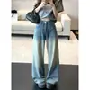 Jeans Sexy de Cintura Alta Wide-Leg Versátil Molda o Corpo com Hot Strass Estrela Completa Alonga as Pernas Calças de Comprimento Total