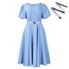 D590 Ropa Europea y Americana para Mujer Moda Verano 2025 Manga Abullonada Elegante Cintura Alta Color Sólido Cuello Redondo Dobladillo Amplio Vestido Africano