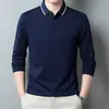 Otoño 2024 Nueva Camiseta de manga larga simple para hombre cuello de polo de mediana edad color de contraste top a rayas 337