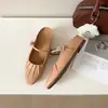 Zapatos Mary Jane de piel de oveja suave con plataforma, puntera cuadrada, pedrería para mujer, mules sin cordones de punta cerrada con diseño fruncido, sandalias versátiles