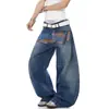 Jeans anchos de pierna con estampado de letras de bandera lavada estilo retro americano para hombres y mujeres, corte holgado, pantalones de largo completo, directo del fabricante