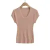 Verano 2026 Nuevo Estilo Americano Chica Picante Color Sólido Ajustado Corto Top de Punto Camiseta de Manga Corta Hueca con Cuello en U para Mujer