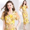 Moda Europea Bordado Pesado Aplique Tridimensional Verano Elegante Vestido de Mangas Abullonadas Cuello en V Abertura Vestido de Gala