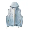 Chaleco de trabajo funcional con capucha para exteriores estilo americano para hombre, chaleco chaqueta de verano fino para exteriores de secado rápido de seda de hielo con protección solar