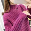 Suéter de punto de estilo coreano para otoño e invierno, nuevo, holgado, estilo perezoso, color liso, versátil, estilo occidental, tejido trenzado, cuello alto, jersey para mujer