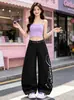 Calça Wide-Leg com Estampa Floral de Letras, Patchwork de Bolinhas nas Laterais para Homens, Novo Estilo de Verão Lavada Solta Casual para Mulheres
