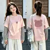 Camiseta de Manga Larga con Retazos de Algodón Puro para Niñas, Estilo Coreano, Cuello Redondo, Nueva Colección Primavera y Otoño 2026, Top Lindo para Niños Mayores